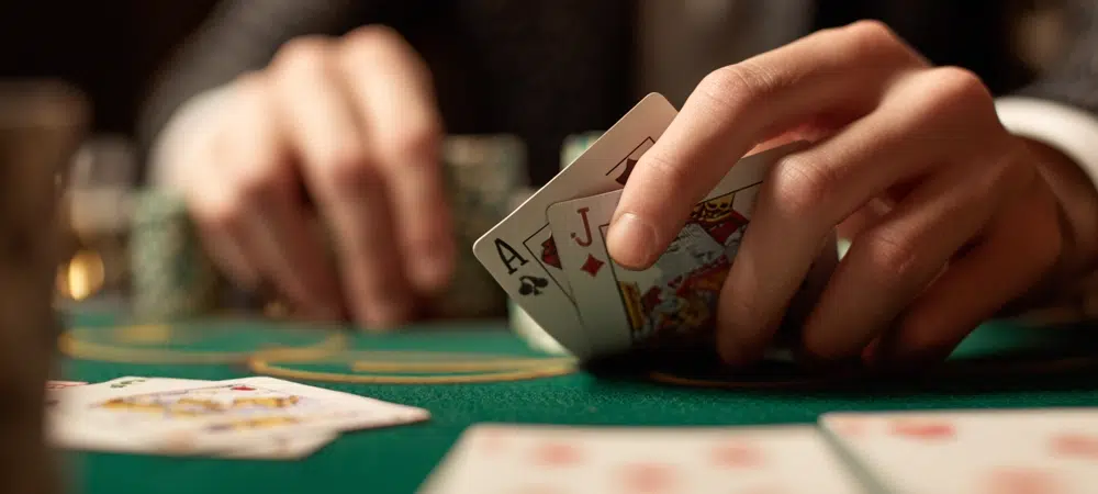 129 / 5 000 asmuo, žaidžiantis pokerį prie pokerio stalo ir tikrinantis savo kortas
